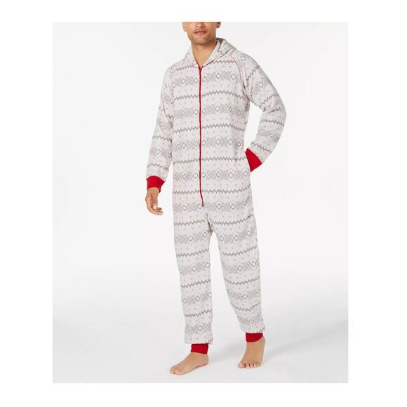 NEW Macys Family Pajamas PJ Men M Winter Fairisle Onesie Hood Pockets Soft Plush - Picture 1 of 13